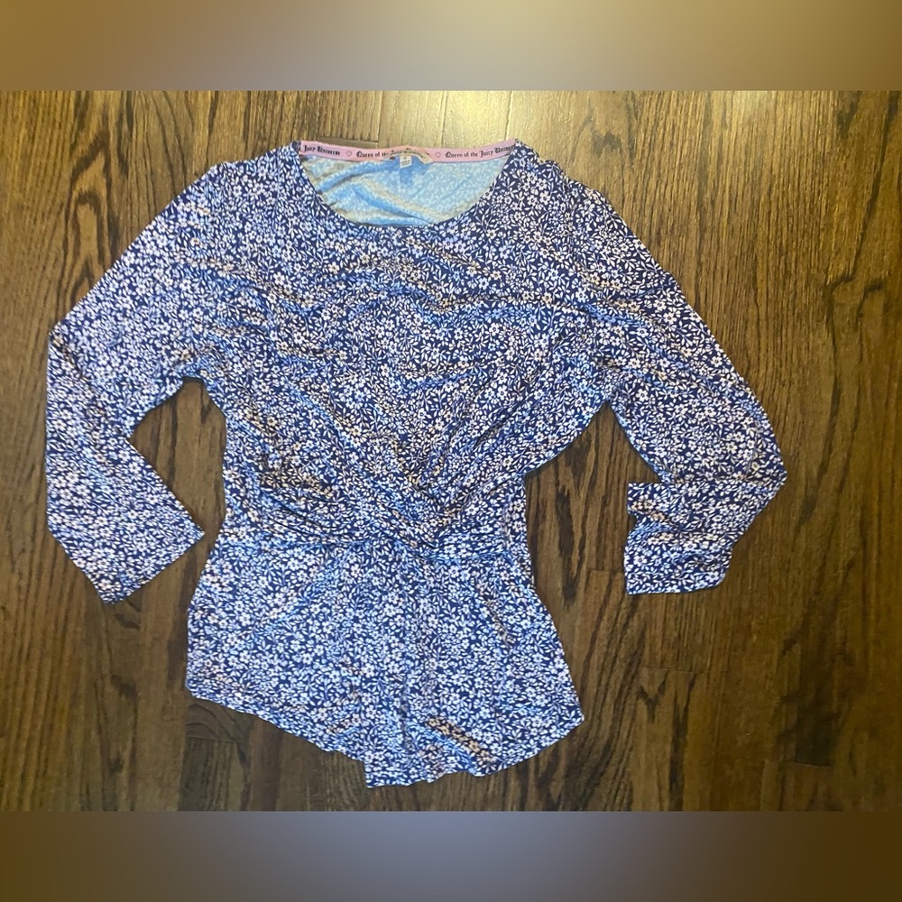 Juicy Couture Quarter Sleeve Floral Shirt Size Small Blue and Pink